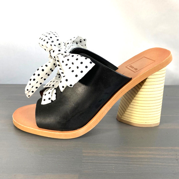 Dolce Vita Amber Retro Chunky Heels Sandals Women 6 Black White Polka Dot Bow - Picture 1 of 10